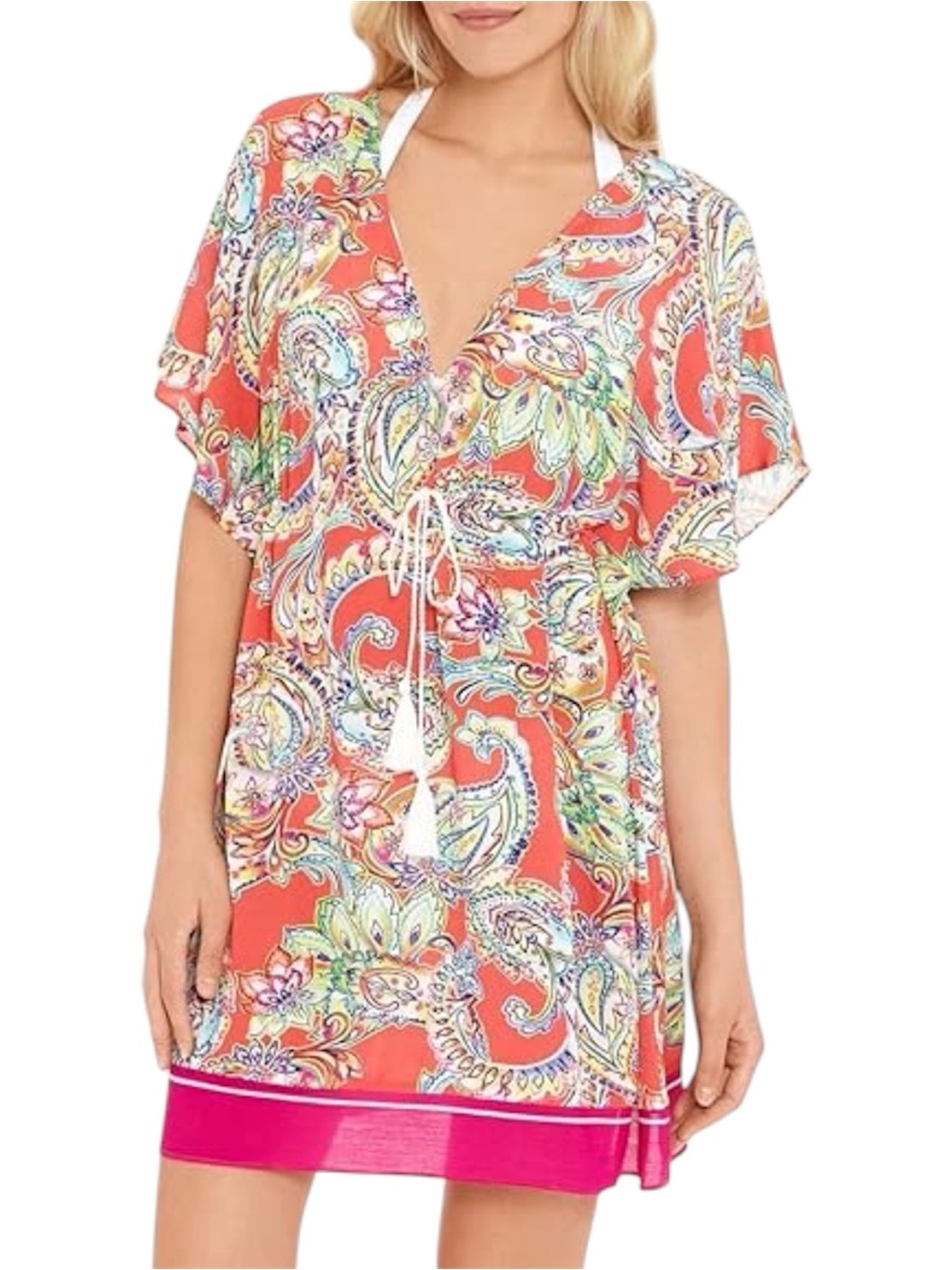 Ralph Lauren Paisley Flutter Sleeve Cover Up Mini Dress Coral Tropical Resort S